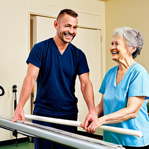 **

A physical therapist smiles warmly while guiding an elderly patient through a balance exercise. The patient is also smiling, showing a sense of accomplishment. The setting is a bright, modern rehabilitation center equipped with assistive devices like parallel bars. Focus on conveying trust, empathy, and the positive impact of rehabilitation on the patient's well-being. (Keywords: physical therapy, rehabilitation, elderly care, balance training, patient smile, empathy, trust, modern rehabilitation center)

**