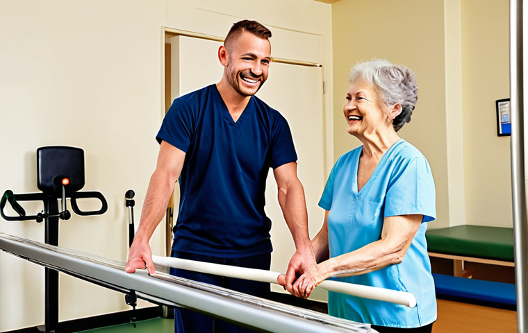 **

A physical therapist smiles warmly while guiding an elderly patient through a balance exercise. The patient is also smiling, showing a sense of accomplishment. The setting is a bright, modern rehabilitation center equipped with assistive devices like parallel bars. Focus on conveying trust, empathy, and the positive impact of rehabilitation on the patient's well-being. (Keywords: physical therapy, rehabilitation, elderly care, balance training, patient smile, empathy, trust, modern rehabilitation center)

**