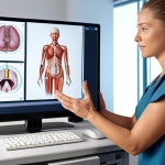 **

A physical therapist using an AI-powered posture analysis system with a patient. The system displays a 3D model highlighting imbalances. Focus on the futuristic tech interface and the therapist's supportive guidance.

**