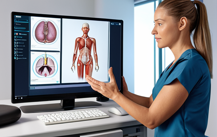 **

A physical therapist using an AI-powered posture analysis system with a patient. The system displays a 3D model highlighting imbalances. Focus on the futuristic tech interface and the therapist's supportive guidance.

**