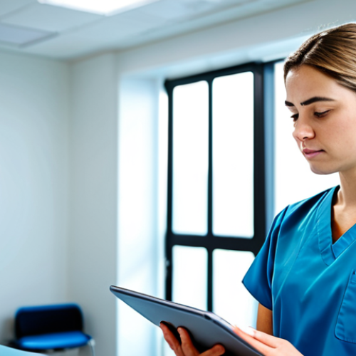 A young, professional physical therapist, fully clothed in modest, clean blue scrubs, stands in a bright, modern hospital rehabilitation room. She is focused, reviewing notes on a tablet, with a determined yet thoughtful expression, embodying early career dedication and learning. The background features blurred, professional rehabilitation equipment. perfect anatomy, correct proportions, natural pose, well-formed hands, proper finger count. safe for work, appropriate content, fully clothed, professional dress.