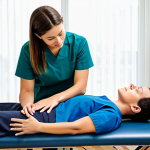 A professional physical therapist, in a modest, clean uniform, gently performs a detailed palpation on a patient's upper back. The patient is lying comfortably on a treatment bed, fully clothed in appropriate, loose-fitting casual wear, with a natural pose. The therapist's hands are placed with a focused, skilled touch, conveying deep understanding and expertise. The setting is a bright, calm, and modern physical therapy clinic, with soft, diffused natural lighting and minimalist, professional decor in the background. perfect anatomy, correct proportions, well-formed hands, proper finger count, natural body proportions, safe for work, appropriate content, family-friendly, high quality professional photography.