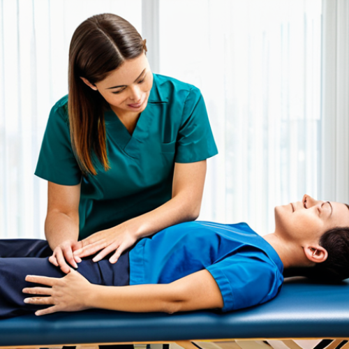 A professional physical therapist, in a modest, clean uniform, gently performs a detailed palpation on a patient's upper back. The patient is lying comfortably on a treatment bed, fully clothed in appropriate, loose-fitting casual wear, with a natural pose. The therapist's hands are placed with a focused, skilled touch, conveying deep understanding and expertise. The setting is a bright, calm, and modern physical therapy clinic, with soft, diffused natural lighting and minimalist, professional decor in the background. perfect anatomy, correct proportions, well-formed hands, proper finger count, natural body proportions, safe for work, appropriate content, family-friendly, high quality professional photography.