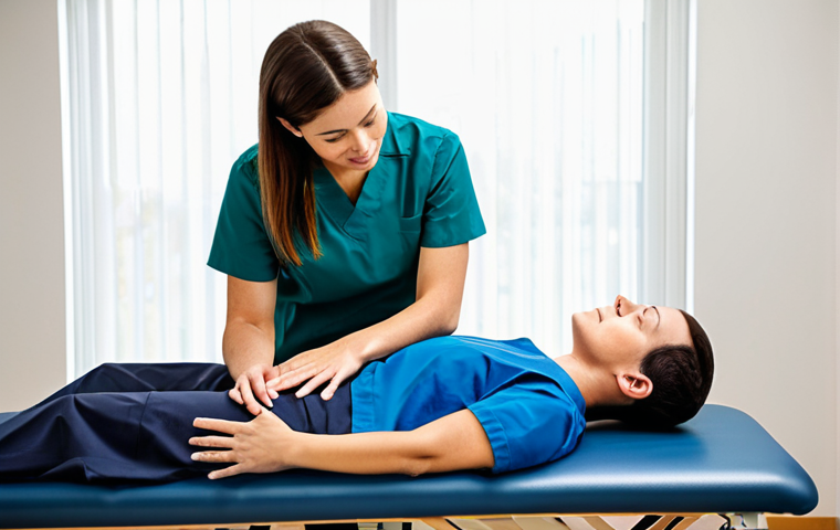 A professional physical therapist, in a modest, clean uniform, gently performs a detailed palpation on a patient's upper back. The patient is lying comfortably on a treatment bed, fully clothed in appropriate, loose-fitting casual wear, with a natural pose. The therapist's hands are placed with a focused, skilled touch, conveying deep understanding and expertise. The setting is a bright, calm, and modern physical therapy clinic, with soft, diffused natural lighting and minimalist, professional decor in the background. perfect anatomy, correct proportions, well-formed hands, proper finger count, natural body proportions, safe for work, appropriate content, family-friendly, high quality professional photography.