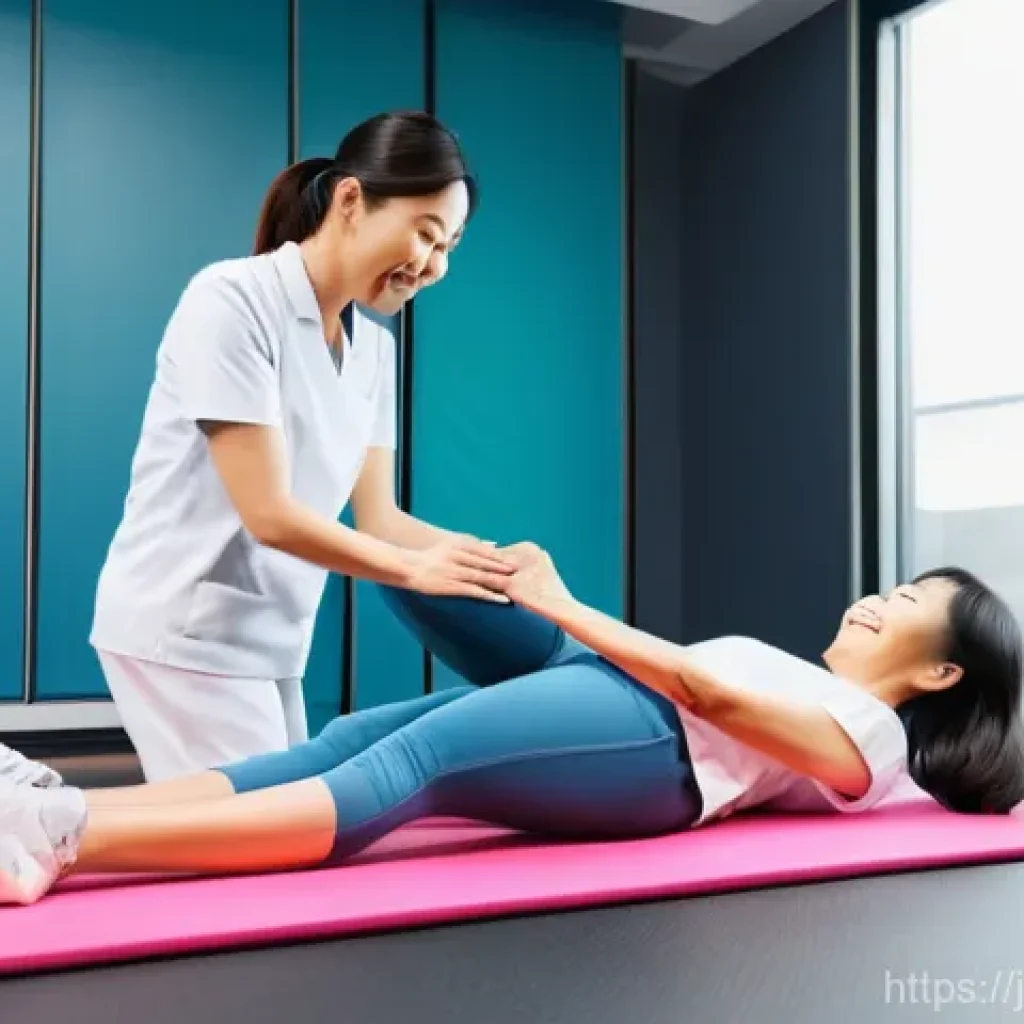 물리치료사의 최신 기술 도입 사례 - **AI-Powered Personalized Rehabilitation**
    A bright, modern physical therapy clinic where an Eas...
