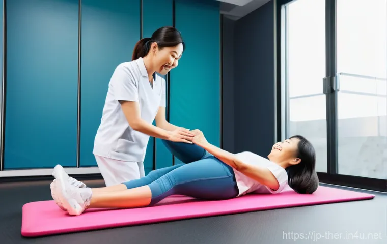 물리치료사의 최신 기술 도입 사례 - **AI-Powered Personalized Rehabilitation**
    A bright, modern physical therapy clinic where an Eas...