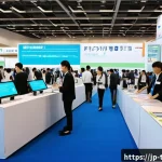 물리치료사의 취업 박람회 후기 - A modern Japanese physical therapy job fair scene inside a bright, spacious convention hall filled w...