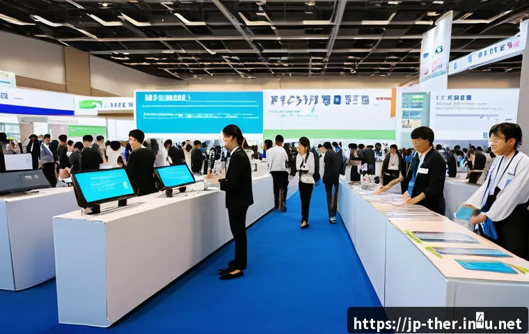 물리치료사의 취업 박람회 후기 - A modern Japanese physical therapy job fair scene inside a bright, spacious convention hall filled w...