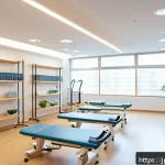 물리치료사 이직 준비 체크리스트 - A modern Japanese physical therapy clinic interior with warm natural lighting, showing a diverse tea...