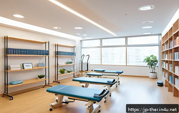 물리치료사 이직 준비 체크리스트 - A modern Japanese physical therapy clinic interior with warm natural lighting, showing a diverse tea...
