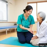 물리치료사의 임상 실습 후기 - A compassionate physical therapist in a modern clinical rehabilitation room, gently smiling and maki...