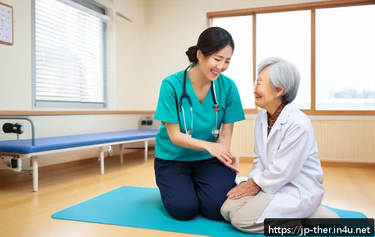 물리치료사의 임상 실습 후기 - A compassionate physical therapist in a modern clinical rehabilitation room, gently smiling and maki...