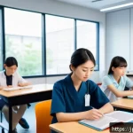 물리치료사의 자격 취득 비용 - A modern Japanese classroom setting with diverse young adult students attentively studying physical ...