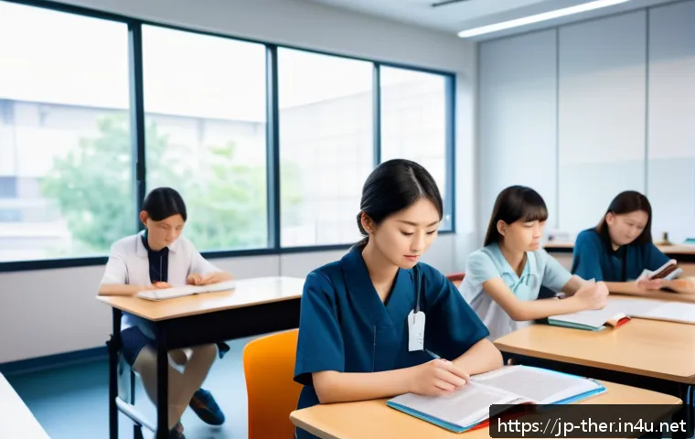 물리치료사의 자격 취득 비용 - A modern Japanese classroom setting with diverse young adult students attentively studying physical ...