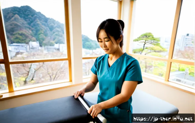 물리치료사의 실무 활용 노하우 - Photorealistic Japanese physical therapist in a bright modern rehabilitation clinic, carefully guidi...