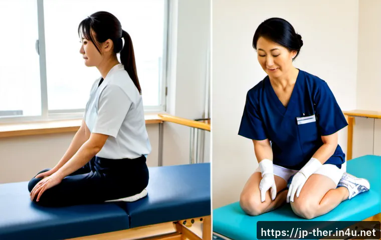물리치료사와 운동치료 차이 - Photorealistic split-scene comparison in a bright modern Japanese rehabilitation clinic: on the left...