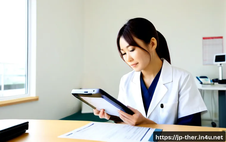 물리치료사가 알아야 할 보험 청구 - Photorealistic Japanese physical therapist in a clean modern clinic office, reviewing organized insu...