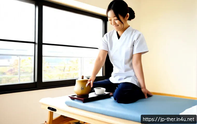 물리치료사와 대체 의학의 접점 - Photorealistic Japanese physical therapist in a bright, calm rehabilitation clinic, gently guiding a...